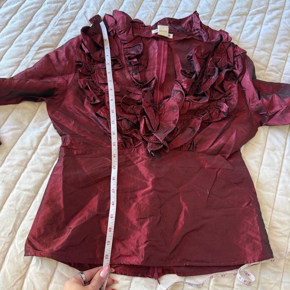 ALEXANDRA ROSATI burgundy red FRILLS RUFLES EMERALD long sleeve blouse size L - Picture 7 of 7